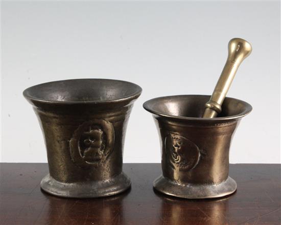 Two 17th century bronze mortars & a pestle